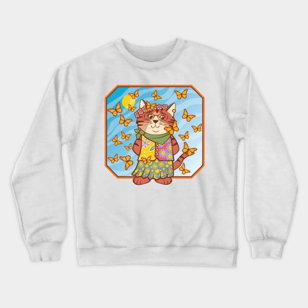 Boho Hippie Cat with Butterflies Crewneck Sweatshirt by Sue Cervenka